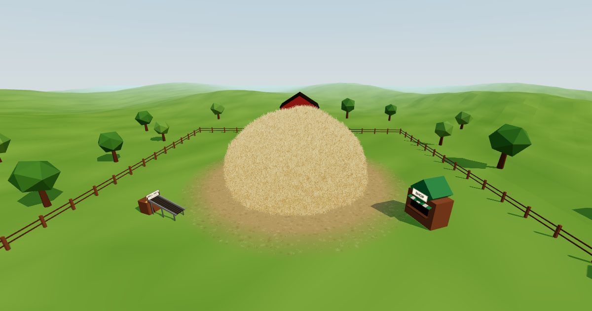 A giant haystack made of loose straw on a farm, with the selling belt on the left and the tool shop on the right